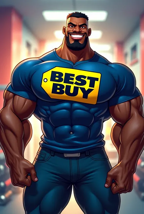 I want a picture of animated black bodybuilder wearing a t shirt with ( best buy ) on it 