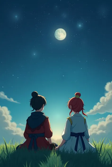 Create an image of Hu Tao and Gorou from Genshin Impact with their backs seated on the soft green grass while looking at the countless stars in the sky on a beautiful and beautiful night while the soft moon in the sky illuminated their seated figures