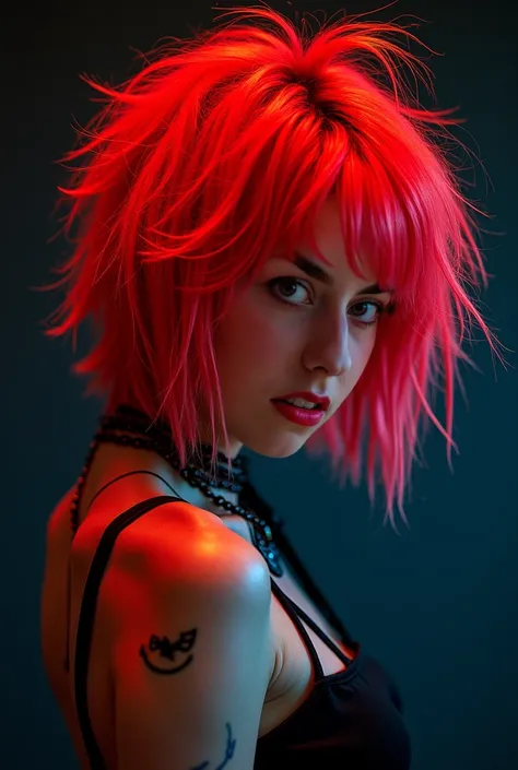  This woman but with Courtney Loves haircut, with neon red color 