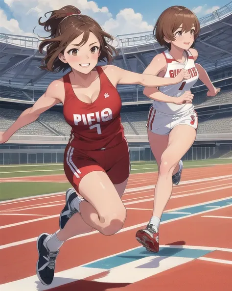 Best quality, masterpiece, high resolution, detailed, fine lines, beautiful, 24 year old women, two people, brown hair, short hair, big brown eyes, bright eyes, smiling, blushing, athletes, sprinting, white and red uniform, tank top, athletics stadium, , ,...