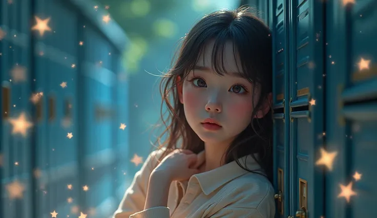 The girl, in the same style, leans against a locker, eyes sparkling with daydreams. The background blurs as stars and soft light trails form around her, evoking a whimsical feeling