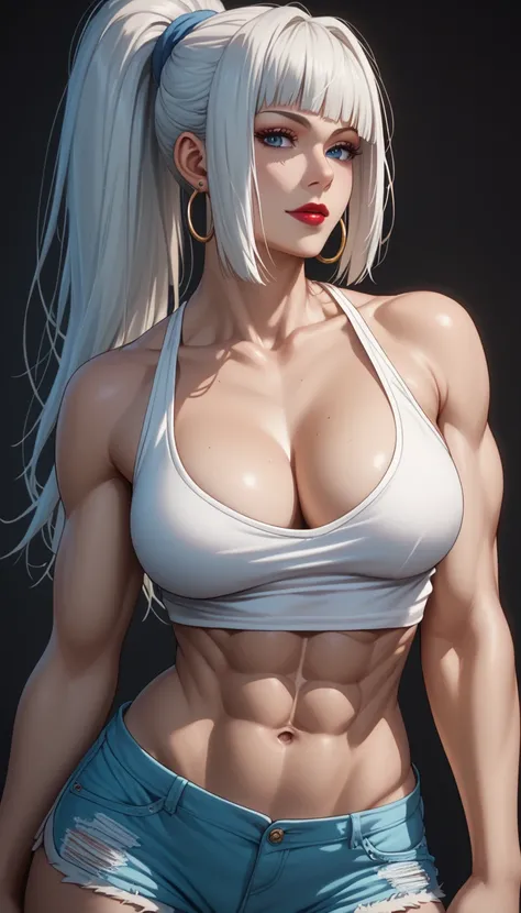 Hot beautiful mei mei,red lipstick,long hoops Earrings,  , white hair , detailed, blue eyes , hair 
, medium rounded breasts , Cleavage ,sexy expression   ,ear piercing, high ponytail hair ,long side bangs,makeup, black,top , muscle,six abs,shorts,navel

