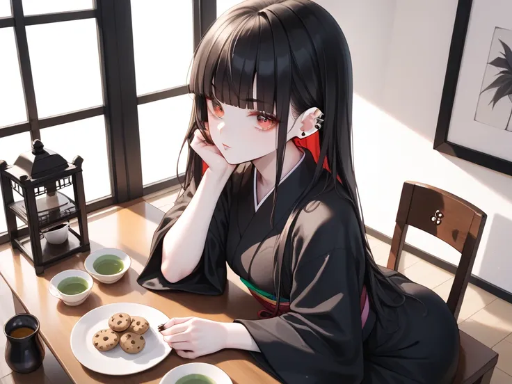 simple,minimalism,hime cut,beautiful japanese girl with straight black long hair,blunt and short bangs, bangs are above the eyebrow,the ends of the hair are even,troubled and groomed eyebrows,red eyes,slanted eyes,(((black kimono))),white skin,(((ear cover...