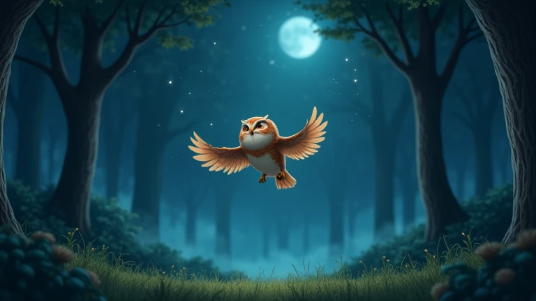 Scene: A peaceful forest at night, with glowing stars and a soft mist filling the air. Ollie, a small, curious owl, is flying through the sky. The trees are tall and the forest is quiet, with faint moonlight casting shadows on the ground. Ollie’s wings are...