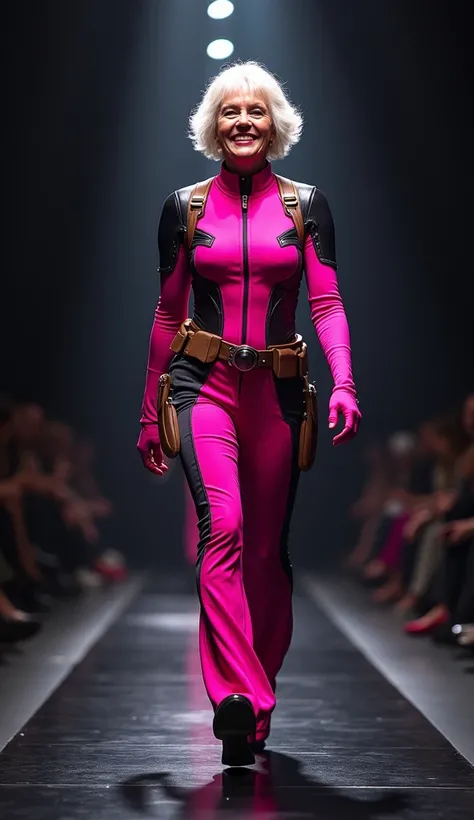 A 60-year-old woman with white hair, wearing a pink Deadpool costume without a mask,  is walking on the stage of a fashion show with bright lighting. full body