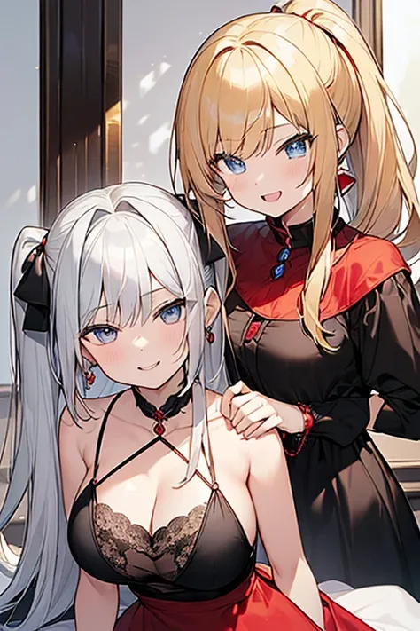 最 High Quality 、 highest image quality taken by Ki、​masterpiece、With a girl((18 years old、Black and red dress、 best bust 、、Blonde、poneyTail、silverblue Eyes 、 open their chest wide 、 On、 happy、smile、 golden accessories、I&#39;m a little drunk、 wine glass、 si...