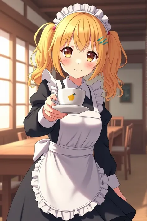  A blonde girl wearing a maid dress ,  coffee cup handle brought towards the screen, anime-style painting ,  repeating anime style  