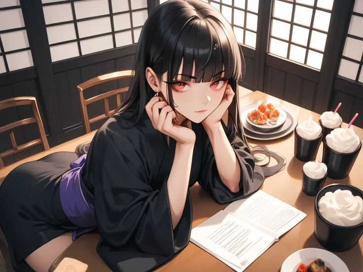 simple,minimalism,hime cut,beautiful japanese girl with straight black long hair,blunt and short bangs, bangs are above the eyebrow,the ends of the hair are even,troubled and groomed eyebrows,red eyes,slanted eyes,(((black kimono))),white skin,table,sittin...