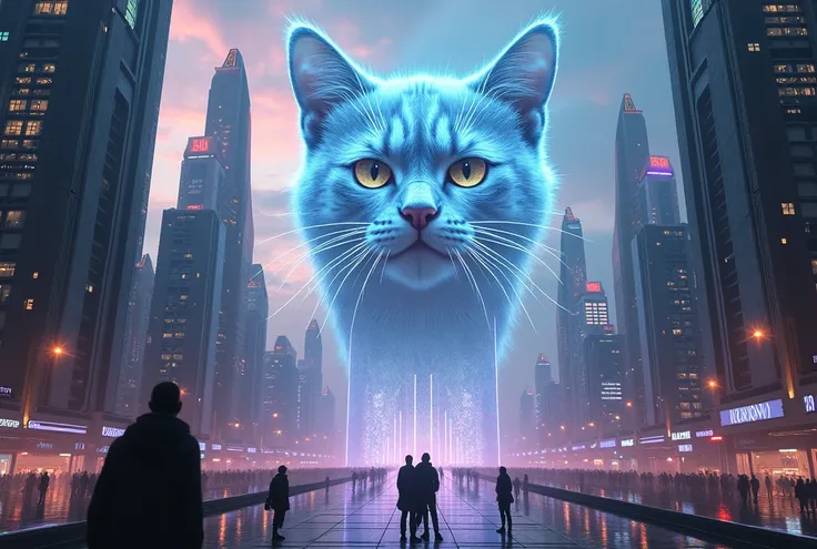 "A futuristic city at dawn, with glowing holograms of a cat’s face overlooking skyscrapers. Humans walk the streets looking up, astonished by the sudden feline dominance."

