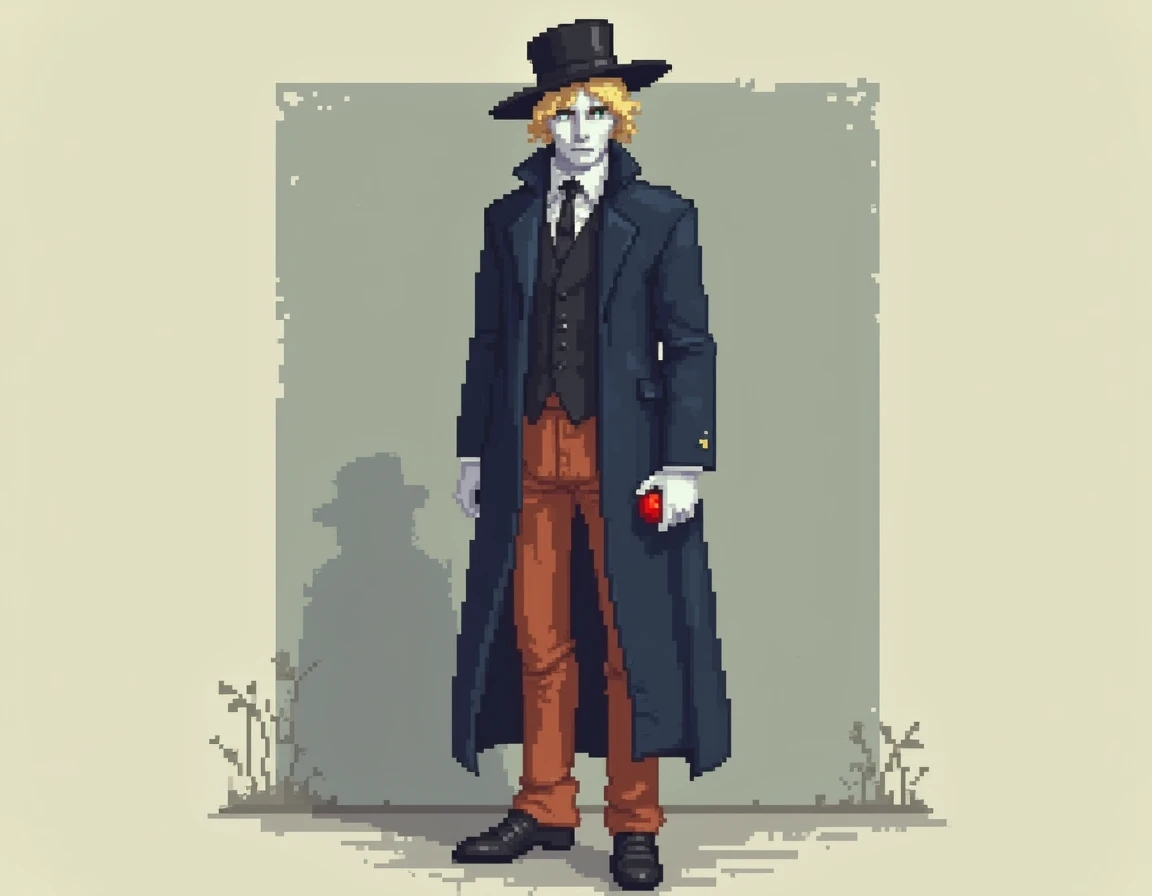  a pixel art of a man with a serious look,with blond hair,very pale skin, dark blue coat with hat , And orange pants holding an apple