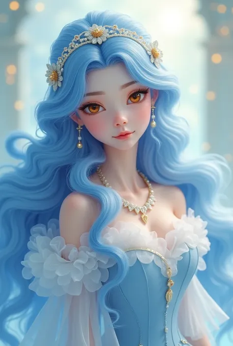 Blue and light blue based hair, golden eyes, fluffy light blue and white dress, princess with half-up hair