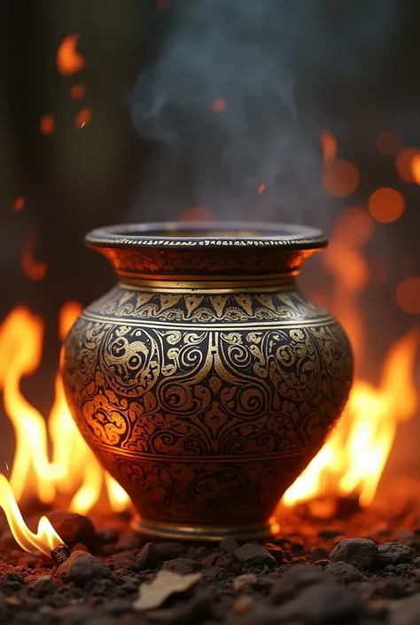 Indigenous pot with gold and fire 
