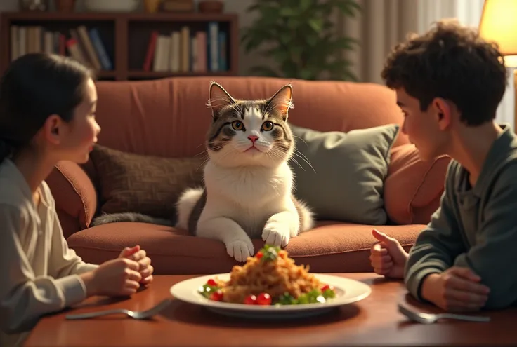 Humanos obedeciendo
"A family in their living room, nervously presenting a gourmet meal to a pampered cat reclining on a luxurious sofa."

