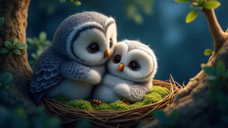 Ollie the little owl finally returns home to his cozy nest. His mother, a larger owl with soft gray feathers, lovingly embraces him in a warm hug. The nest is situated in the crook of a tree, with soft moss and twigs creating a comfortable bed. The night s...