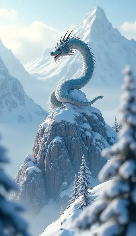 ((masterpiece,  top quality,  highest image quality  ,  high resolution , Realistic,  original photo,  Extremely detailed CG uniform 8K wallpaper)), A Chinese dragon hovers over the top of a snowy mountain，Dragons have front claws ，winter，Snow， snow-covere...