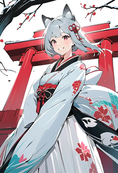 winter，smile，Dog ears girl，       Silver Hair，       New Years ink painting   ，White Ear，  Knee，smile，My hair is dancing in the wind，Shrine maiden&#39;s costume