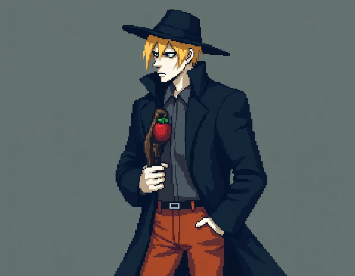  a pixel art of a man with a serious look,with blond hair,very pale skin, dark blue coat with hat , And orange pants holding an apple gun