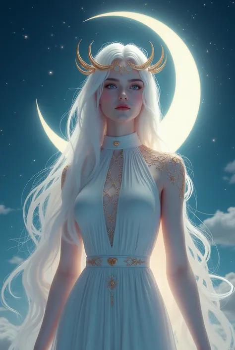  make a vtuber character bearing the moon goddess theme, fullbody,  add the moon crown as well , then her covered shirt 