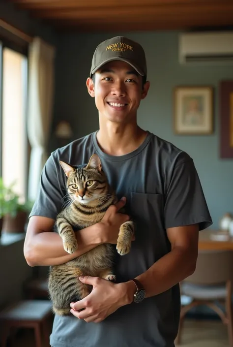 Realistic photo of a 24-year-old Indonesian guy wearing a hat with the inscription "new york"  standing while carrying a cat in the background of a room with a wide viewing angle