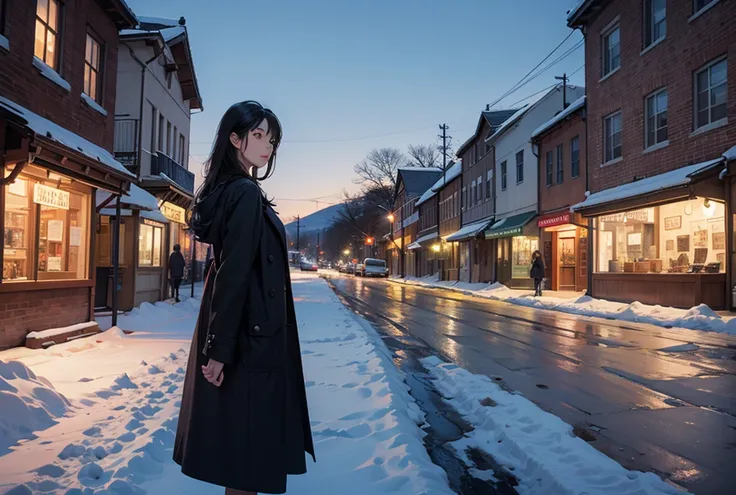 One girl,black hair,long hair,Long Coat,Snow Scene,Town,at night, 