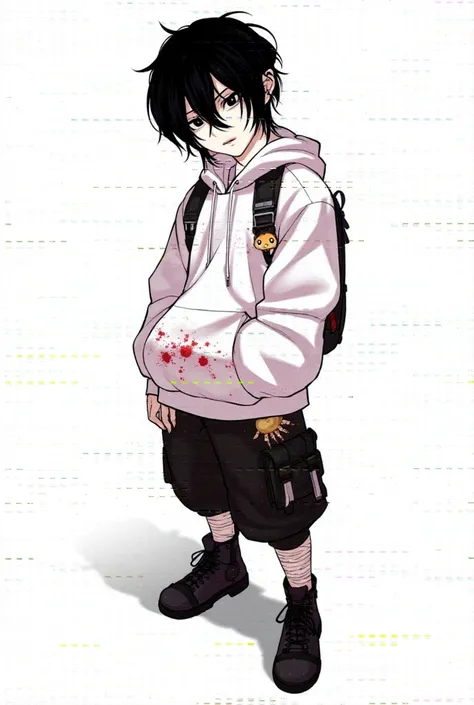 A panel from Lookism Manhwa: Compact but deadly build (59"), unsettling doll-like features with large innocent eyes that turn empty when hunting, messy black hair with long bangs partially covering eyes, oversized white hoodie stained with subtle blood spl...