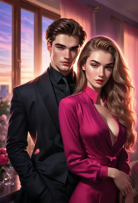 Make an illustration of a handsome 24-year-old man, identical to Robbert Pattinson, a man wearing a black suit, in loker, with a beautiful British woman identical to Dasha Taaran, 17-years-old, a woman with straight light brown hair, light skin, a woman we...