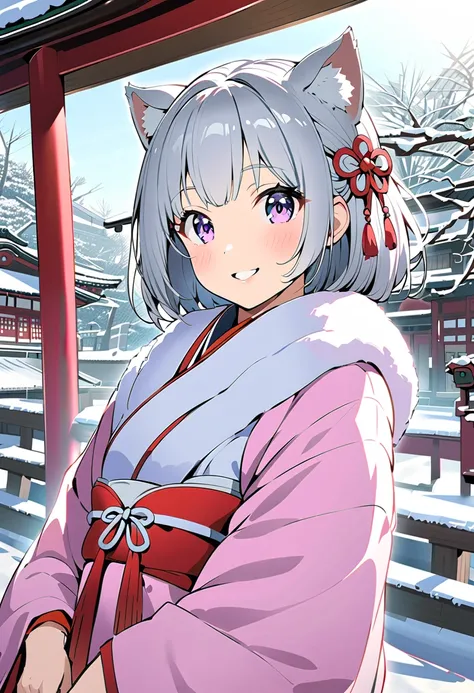 winter，smile，Dog ears girl，        Silver Hair，     Japan，shrine， White Ear，  knees，smile，Shrine maiden