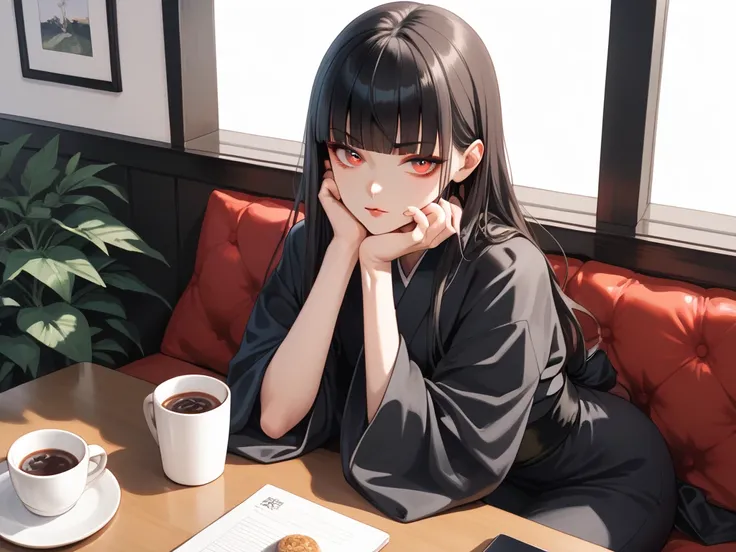 simple,minimalism,hime cut,beautiful japanese girl with straight black long hair,blunt and short bangs, bangs are above the eyebrow,the ends of the hair are even,troubled and groomed eyebrows,red eyes,slanted eyes,(((black kimono))),white skin,table,sittin...