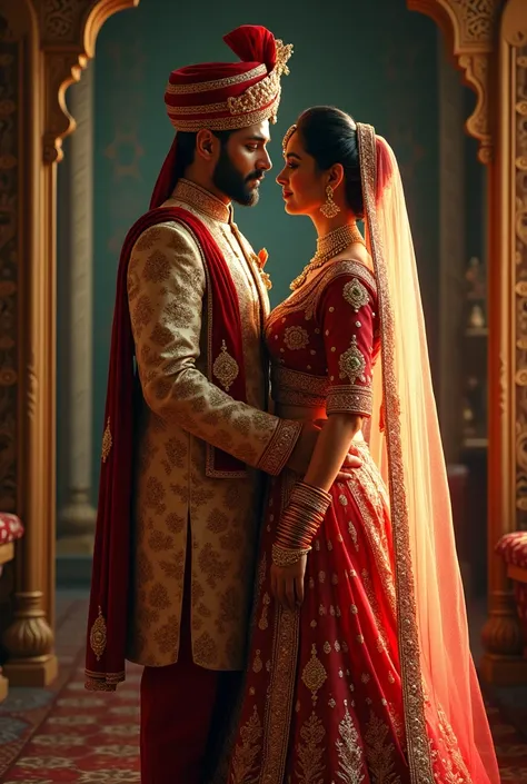 Indian couple front of mirror in wedding drees