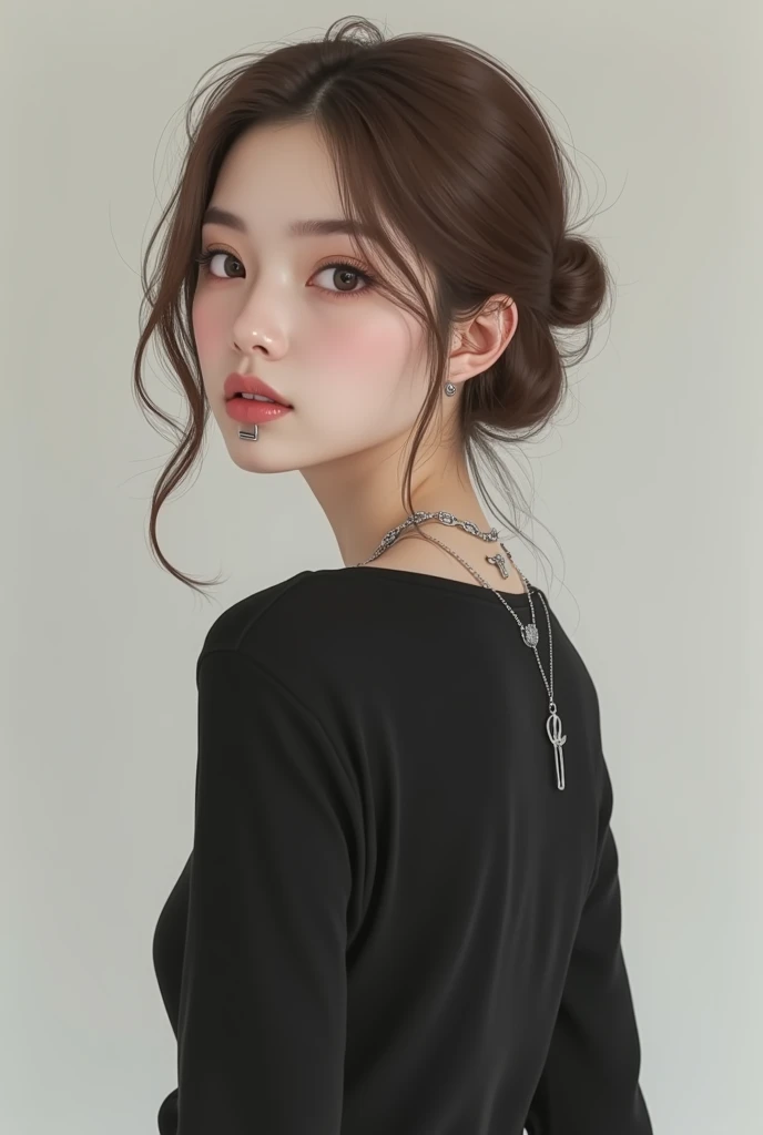 A young woman, possibly Asian, with a contemplative expression,  and shoulder-length, light brown hair styled in a loose bun.  She is wearing a simple, close-fitting black top that appears to be made of a smooth, slightly glossy material.  Layered silver n...