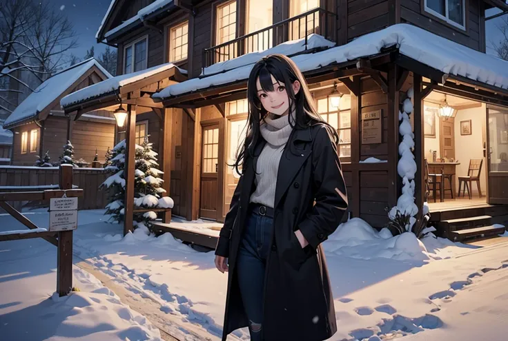 One girl,black hair,long hair,Long Coat,Snow Scene,at night, Inside the house,smile,