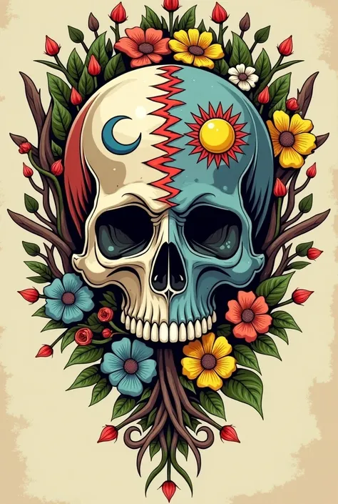 Create an illustration of a Grateful Dead style skull adorned with Tree of Life-style flower vines growing from its chin, symbolizing the duality of life and death.
Skull Design
Vines and Flowers: Begin at the chin, winding up the face.
Left Side: Wilted a...