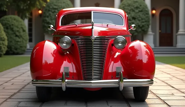 "Create an image of a 1937 Chrysler Airflow in a vibrant, glossy red color, focusing on the front view. Highlight the iconic curved grille, rounded headlights, and smooth hood design that showcase its vintage sophistication. The red finish should gleam und...