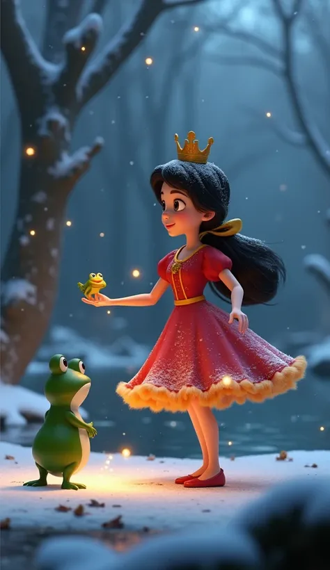 The princess character in the story The Princess and the Frog Prince, the princess is dancing, the little frog is in the palm of the princesss hand. Setting in the garden next to the pond. The snow is falling thickly, the lights are warm. 3D animation form...