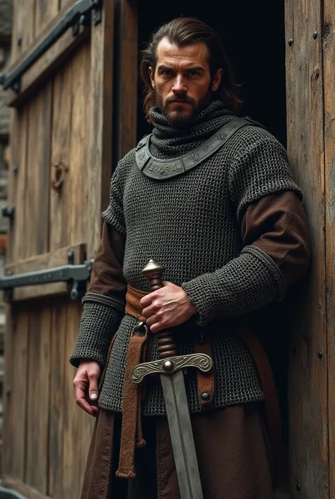 Brown-haired ,  thin man with a nose a little too big,  chainmail and sword on the side ,  standing in front of a wooden door  