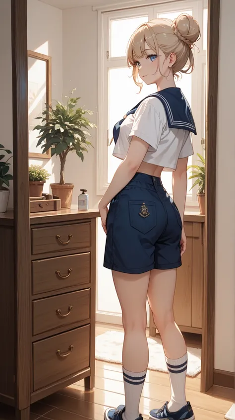 "Create an anime-style scene featuring a young woman standing in a cozy, modern bathroom. Shes wearing a white and navy blue cropped sailor-style top and high-waisted navy blue shorts, complemented by knee-high socks with black stripes. Her hair is styled ...