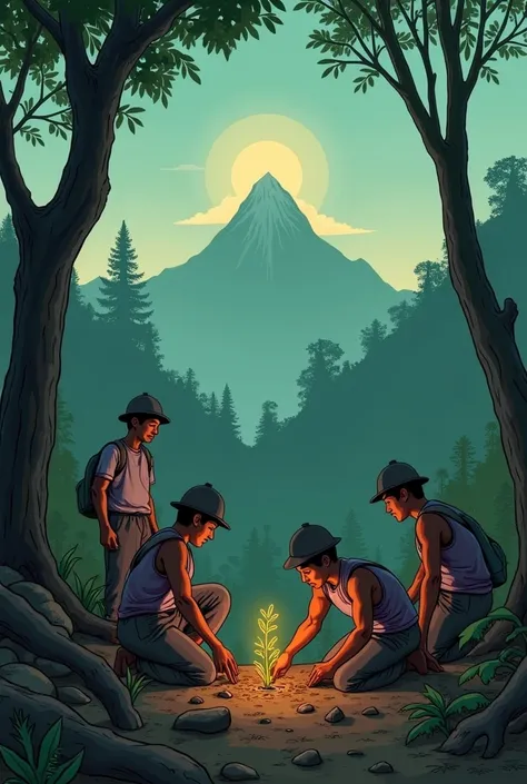 Panel 1:
Description: The miners, with Amihan guiding them, begin planting saplings in the area where the trees were cut down. Some are seen kneeling, carefully digging holes to plant new trees. The spirit of the mountain is visible in the background, watc...