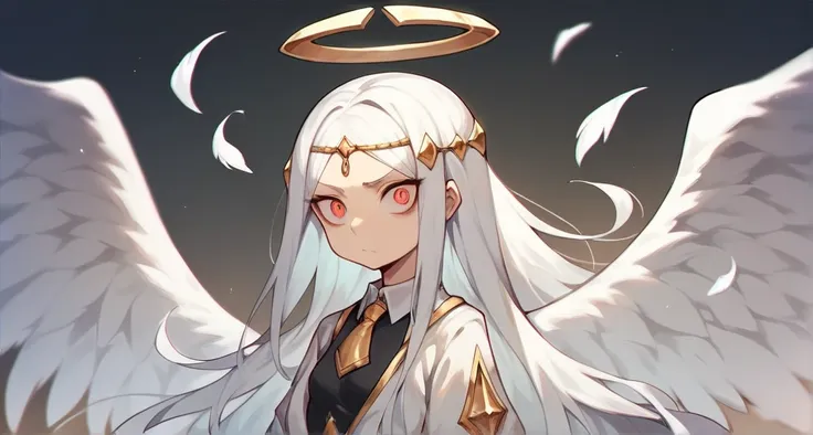  Kingdom , Gold color, white,  Angel Wings, There are 6 wings ,  with pants, White hair , Small breasts, Tie a bow, Seraphim ,  Angel, Long hair, , head of mouth , Half body,  robe ,  horse face, Back ring, Miquella, Sharp face, Sharp eyes,