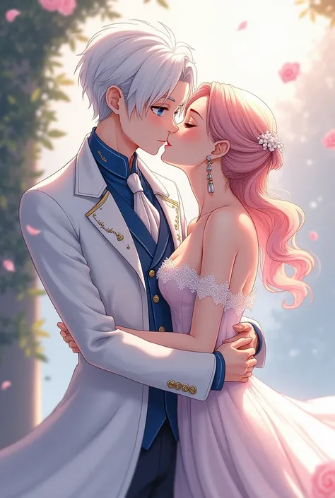 An boy. White hair and blue eyes wearing a white long coat degined by blue lining.kissing a girl. She have pink hair and brown eyes. She is wearing the same drass too