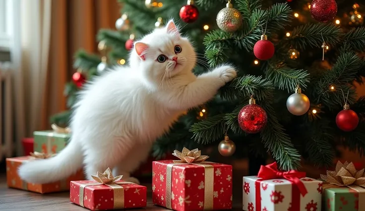 A fluffy white Persian cat climbing a decorated Christmas tree, surrounded by wrapped gifts.