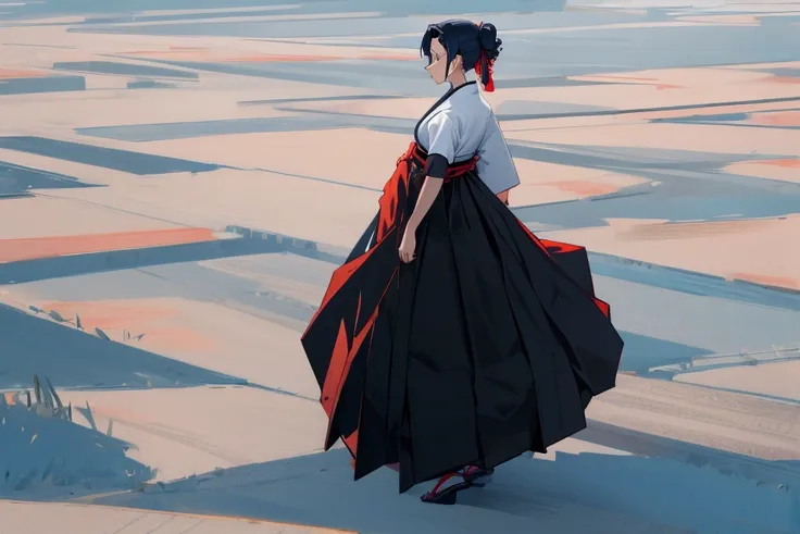 A woman wearing a hakama dress is walking forward along the path, standing far away at a high angle.