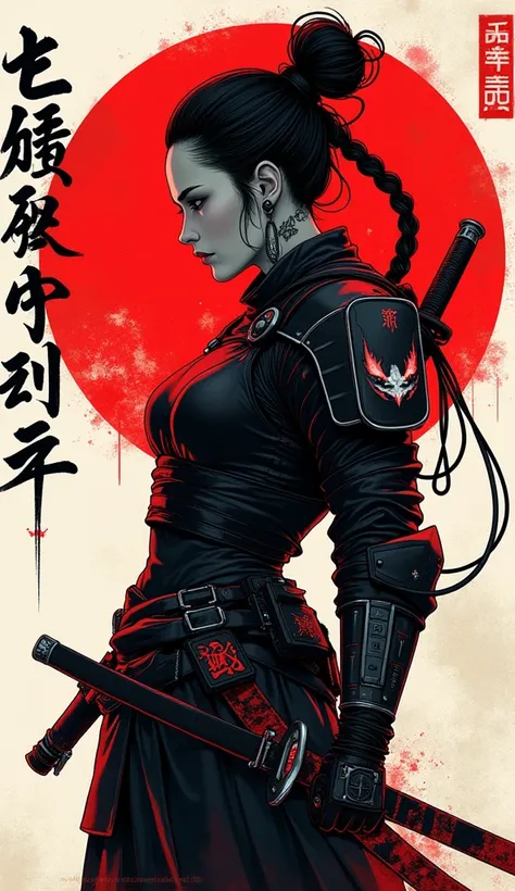 "Create a cyberpunk samurai warrior in a futuristic setting. The character wears a sleek black combat outfit with intricate armor details, adorned with technological enhancements like wires, cybernetic implants, and a headset. Their hair is styled in braid...