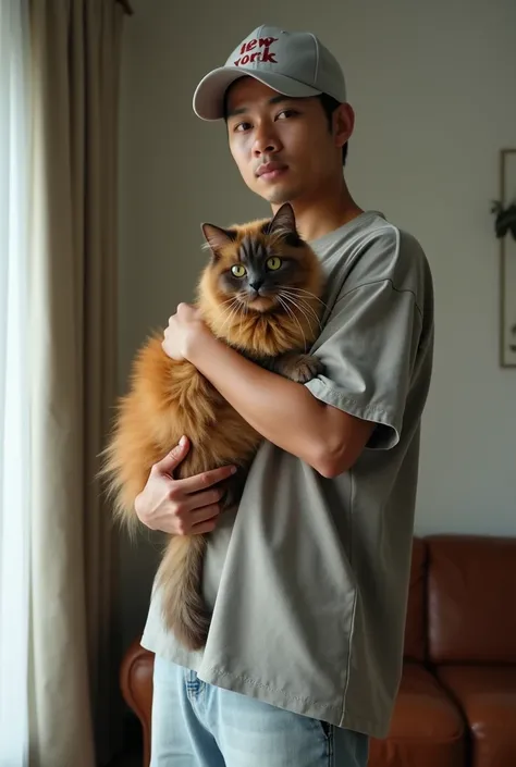  Realistic full body photo of a 24-year-old Indonesian guy wearing an oversized t-shirt, shorts and hat with the inscription  "new york" standing while carrying an angora cat in the background of a room with a wide viewing angle