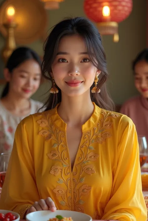 A Korean girl who wear Pakistani casual wear in family gathering which is of yellow color and she looks stunning 