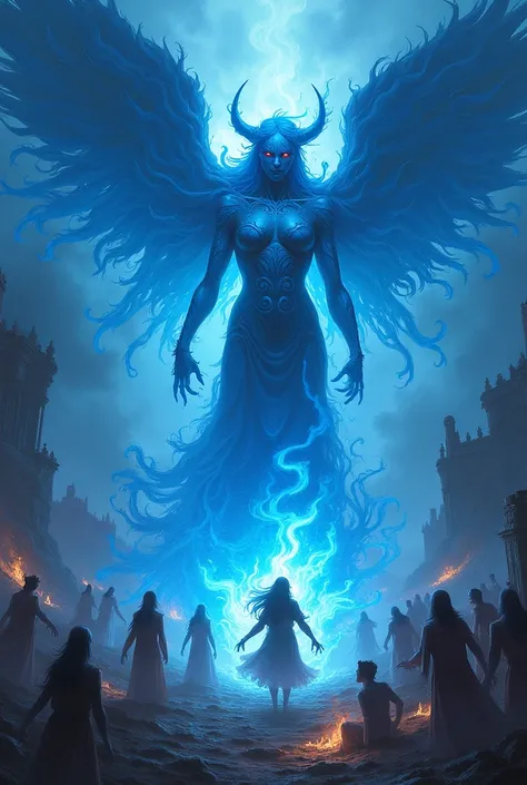 Domain expansion whit blue flame souls whit a giant lady monster whit blue flames around with a big blue wings and tournamenting lost souls