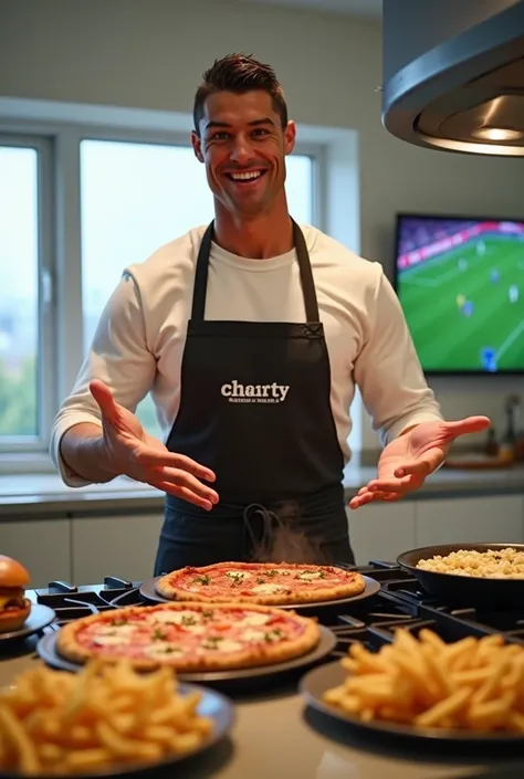 Ronaldo Prepping the Junk Food

Prompt: Ronaldo is standing in a modern kitchen, confidently cooking a spread of junk food—pizza, burgers, fries. He’s smiling and wearing an apron, looking surprisingly enthusiastic about his unhealthy choices. The food is ...