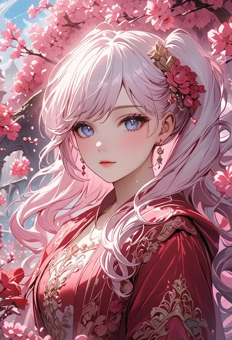  cute anime girl ， beautiful face ，White hair，Twin ponytails，Hair accessories，Rococo style red costume， in the center of the screen is surrounded by a floating element，It creates an ethereal atmosphere, The background is a magical environment. Pink flowers...