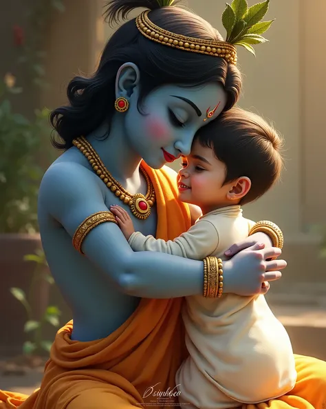 A baby boy name “ Lokesh” wearing white pajama kurta  hugging krishna, realistic images, bottom of the image overlay text " Priyanka Dey Sarkar "