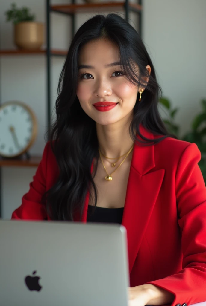 Create an image of a 30-year-old woman weighing 58 kg , She has long hair in the color black ,  she has black eyes ,  she is wearing a BLACK STRAP BUSINESS AND A RED BLAZER ,  she has well-done and well-brushed nails ,  she is wearing delicate gold accesso...