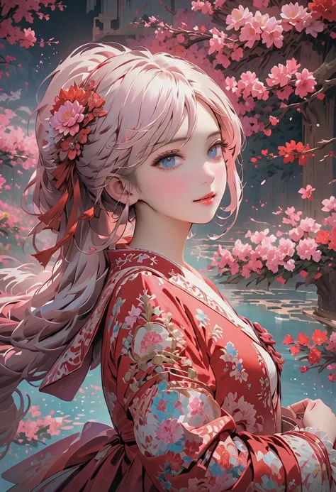  cute anime girl ， beautiful face ，White hair，Twin ponytails，Hair accessories，Rococo style red costume， in the center of the screen is surrounded by a floating element，It creates an ethereal atmosphere, The background is a magical environment. Pink flowers...